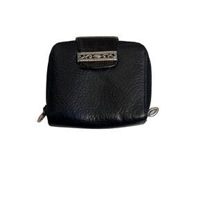Brighton Black Leather Compact Wallet W/ Croc-Embossed Clasp & Zippered Pockets